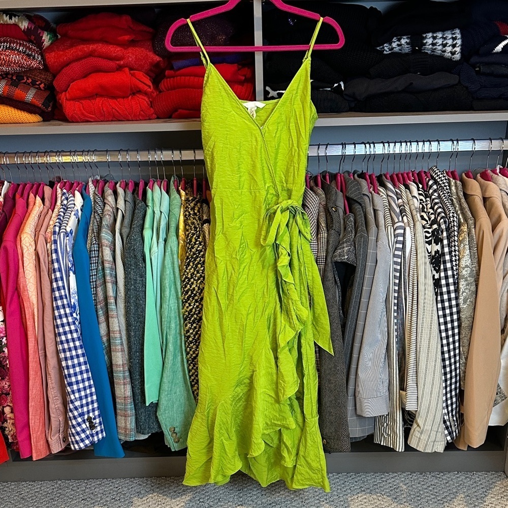 H&M apple green adjustable strap v neck wrap midi dress size XS